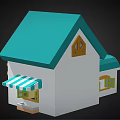 Cartoon Style House With Teal Roof Yellow Door Wooden Balcony And Striped Awning