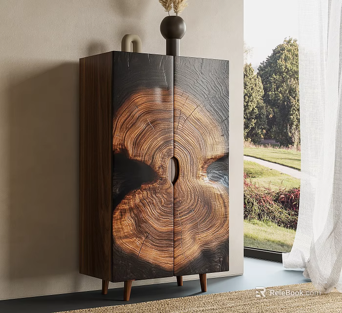 Modern Decorative Cabinet with Natural Wood Grain Design Near Scenic Window View 3d model 