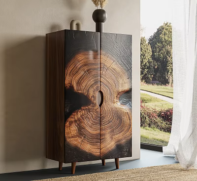 Modern Decorative Cabinet with Natural Wood Grain Design Near Scenic Window View 3d model