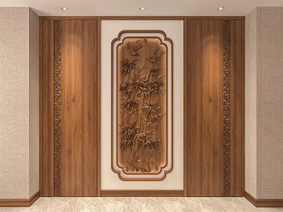 Chinese Traditional Wooden Background Wall With Carved Bamboo Pattern And Decorative Frame Design 3d model