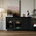 Black Sideboard with Mesh Doors Three Drawers Books and Sculptures with Wall Painting Floor Lamp