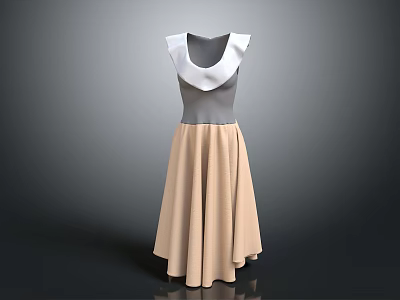 Elegant Women's Dress With White Collar Gray Fitted Top And Beige Flared Skirt 3d model