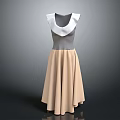 Elegant Women's Dress With White Collar Gray Fitted Top And Beige Flared Skirt