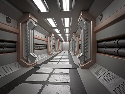 Futuristic Sci-Fi Corridor Interior With Metallic Structures Illuminated Ceiling Lights And Pipes 3d model