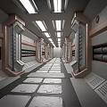 Futuristic Sci-Fi Corridor Interior With Metallic Structures Illuminated Ceiling Lights And Pipes 3d model