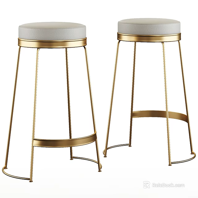 Elegant Modern Bar Stools With Golden Metal Frame And White Leather Seat 3d model 