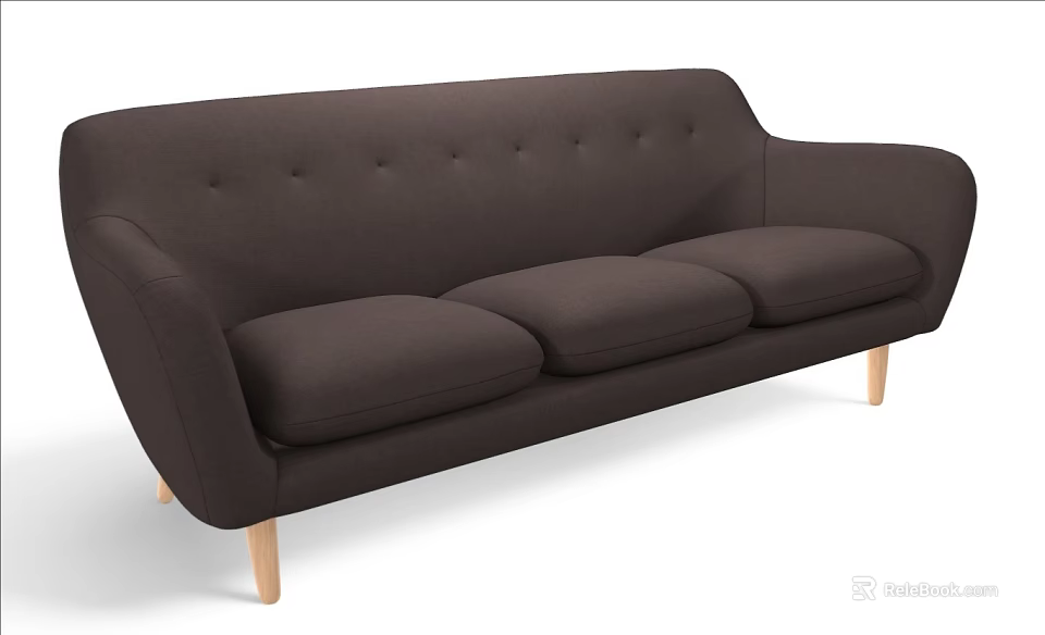 Three Seater Sofa in Dark Brown Upholstered Fabric with Button Tufted and Light Wooden Legs 3d model 