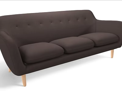 Three Seater Sofa in Dark Brown Upholstered Fabric with Button Tufted and Light Wooden Legs 3d model
