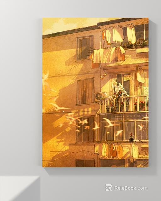 Abstract Painting Of Warm Toned Urban Balcony With Hanging Clothes And Flying Birds 3d model 