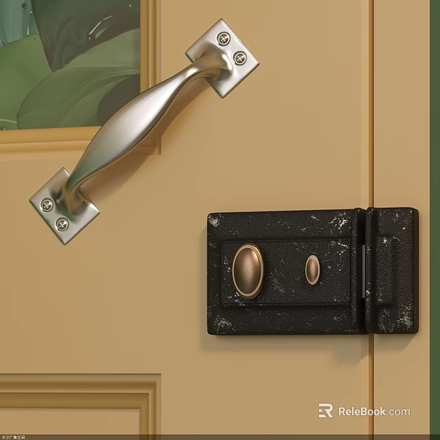 Silver Metal Door Handle With Black Latch On Beige Wooden Door 3d model 