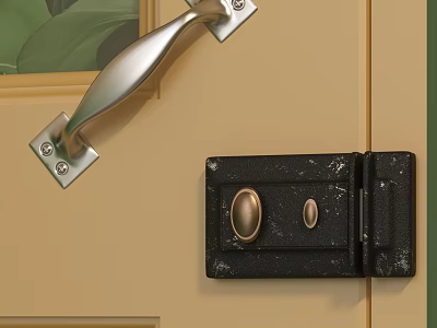 Silver Metal Door Handle With Black Latch On Beige Wooden Door 3d model