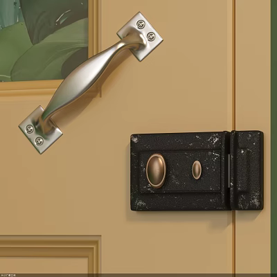 Silver Metal Door Handle With Black Latch On Beige Wooden Door 3d model