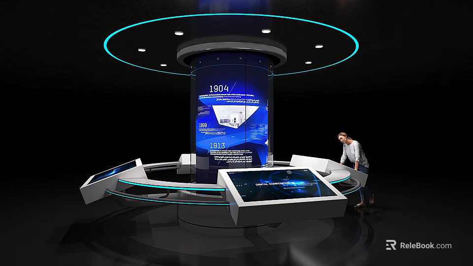 Interactive Tech Display With Circular Podiums And Digital Screens For Modern Exhibition 3d model 