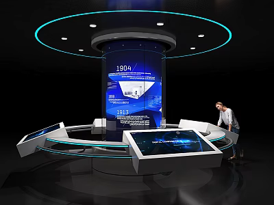 Interactive Tech Display With Circular Podiums And Digital Screens For Modern Exhibition 3d model