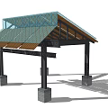 Modern Garden Pavilion Structure With Glass Roof Wooden Beams Black Pillars And Stone Bases