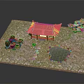 Traditional Chinese Ancient Architecture With Brown Pots Small Pond Pine Tree Grass And Stone Path