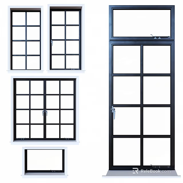 Modern Casement Windows With Black And White Frames And Grid Design 3d model 