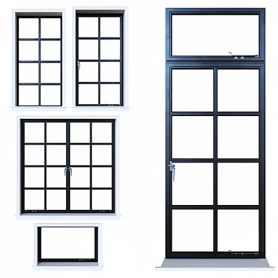Modern Casement Windows With Black And White Frames And Grid Design 3d model