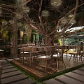Rustic Restaurant Interior With Wooden Columns Green Plants Chandeliers And Dining Chairs