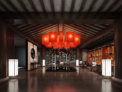 Traditional Chinese Exhibition Hall With Red Lanterns Wooden Ceiling And Display Cabinets 3d model