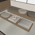 Japanese Style Room Wooden Platform With Round And Square Cushions Small Tea Table