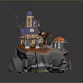 Colorful Cartoon Island Scene With Clock Tower Mushroom House Blue Water And Rocks