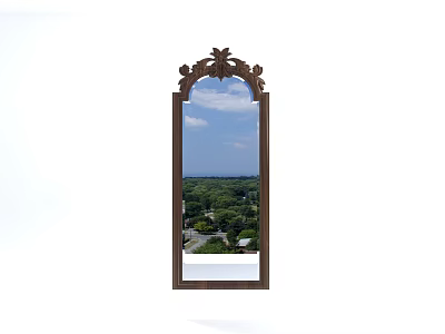 Decorative Wooden Mirror With Ornate Frame Reflecting Blue Sky White Clouds and Green Trees 3d model