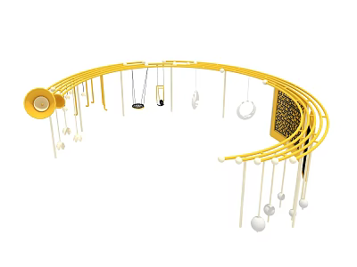 Curved Yellow Pergola With Hanging Rings Balls And Patterned Panel Decorations 3d model