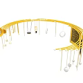 Curved Yellow Pergola With Hanging Rings Balls And Patterned Panel Decorations