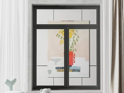 Modern Window with Artwork Featuring Vase Floral Design and Curtain Decor 3d model