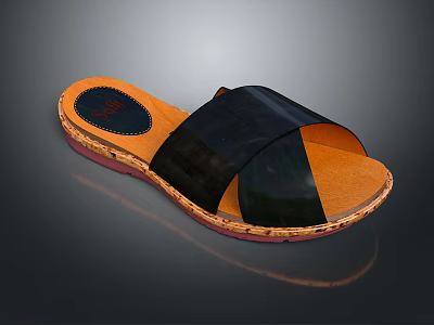 Comfortable Open Toe Slippers With Black Cross Straps And Brown Cork Sole 3d model