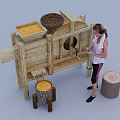Woman With Headphones Operating Wooden Grain Machine Using Tablet And Corn Kernels