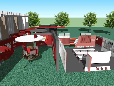 Modern Red Exhibition Booth Design With White Tables Chairs Green Grass And Trees 3d model