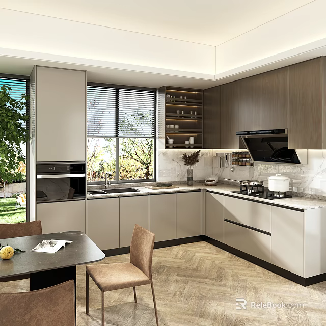 Modern Open Concept Kitchen Interior Design With Cabinets Windows And Dining Table 3d model