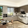 Modern Open Concept Kitchen Interior Design With Cabinets Windows And Dining Table 3d model