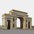 Elegant Classical Stone Arched Gate Featuring Decorative Carvings Lawns And Brick Walkway