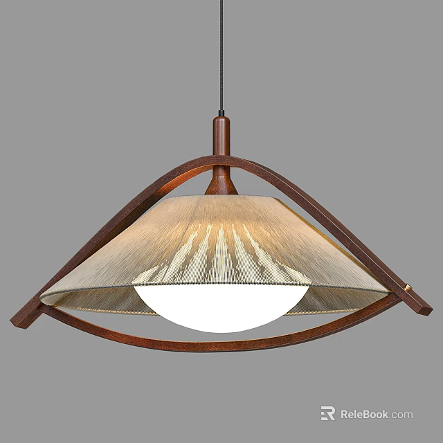 Modern Wooden Frame Pendant Light With Textured Fabric Shade And Circular Bulb 3d model 