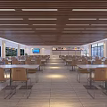Cafeteria Interior Design With Long Tables Chairs Wooden Ceiling And Large Windows 3d model