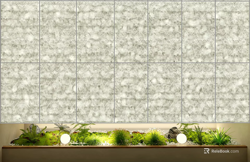Sofa Accent Wall Interior Design With Stone Grid Pattern And Green Plants Lighting 3d model 