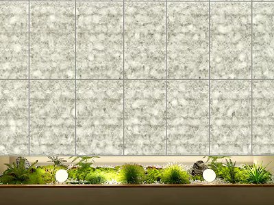 Sofa Accent Wall Interior Design With Stone Grid Pattern And Green Plants Lighting 3d model