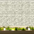 Sofa Accent Wall Interior Design With Stone Grid Pattern And Green Plants Lighting 3d model