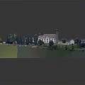 Red Brick Courtyard Buildings with Green Trees Lawns Roads and Scaled Model Layout