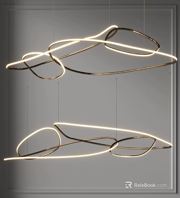 Modern Artistic Chandelier With Curved Metallic Frame And LED Light Strips 3d model 