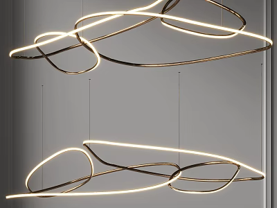Modern Artistic Chandelier With Curved Metallic Frame And LED Light Strips 3d model