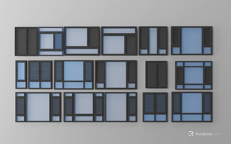 Various Modern Casement Windows With Black Frames And Different Glass Panel Designs 3d model 
