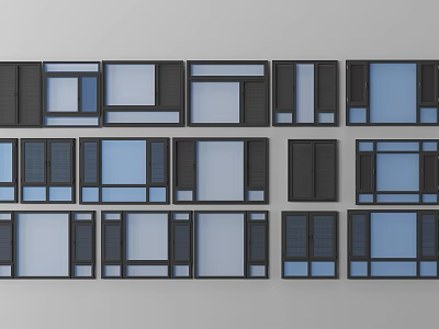 Various Modern Casement Windows With Black Frames And Different Glass Panel Designs 3d model