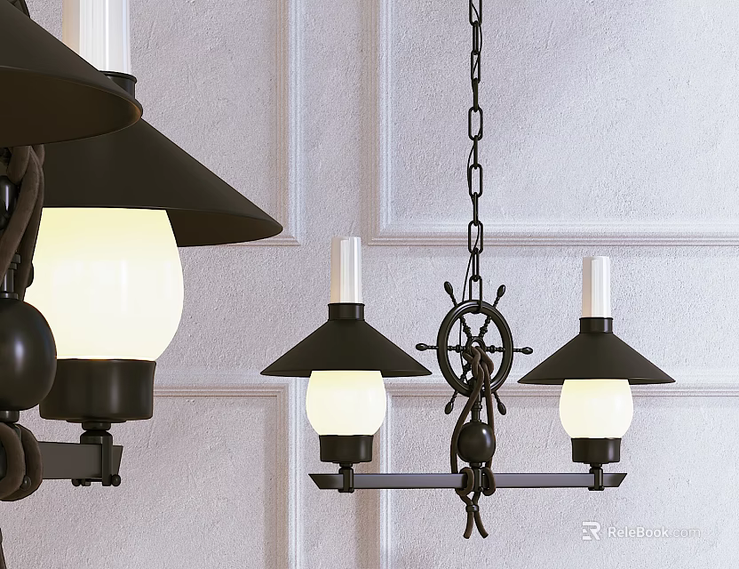 Vintage Black Metal Chandelier With Ship Wheel Design And Two Glass Shades 3d model 