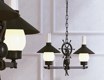 Vintage Black Metal Chandelier With Ship Wheel Design And Two Glass Shades 3d model