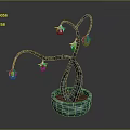 Cartoon Style Twisted Branch Plant With Green Decorative Ornaments In Blue And White Flower Pot