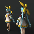 Game And Movie Character With Blue Long Hair Yellow Bow And White Dress